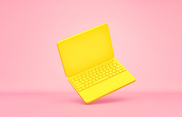 Yellow laptop flying on pink background. Clipping path included
