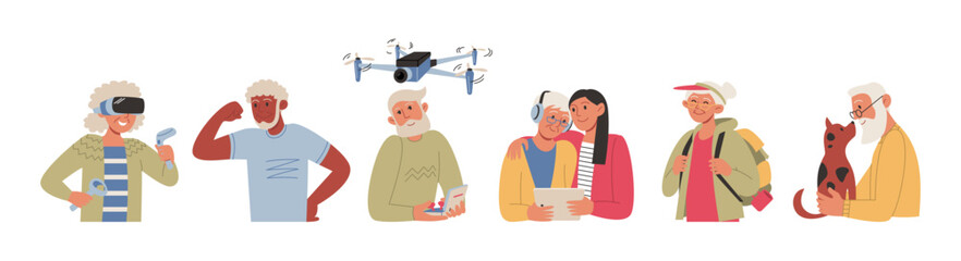Vector set of active seniors. Modern grandparents actively spend time in sports, digital tools, gadgets, virtual reality, caring for animals, studying modern technologies