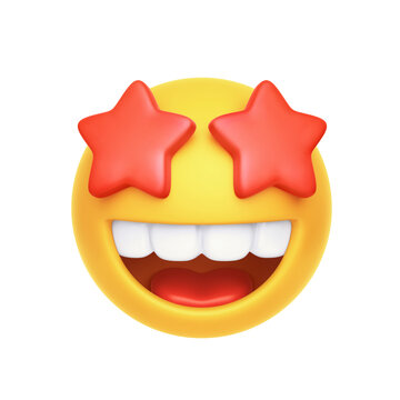 Emoji with red starry eyed and open smile isolated on white. Clipping path included