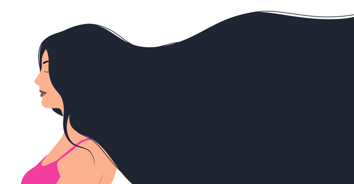 Modern illustration of beautiful woman with long hair and place for text. Template for cards, poster, greetings, flyer, banner for beauty salon, hair salon or Women's Day. flat vector illustration.