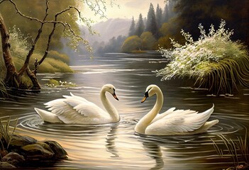 Fototapeta na wymiar Tranquil River Scene: Graceful Swans and Flowing Water in Elegant and Serene Surroundings, generative AI