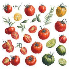 Set of Watercolor Tomato collections with isolated white background