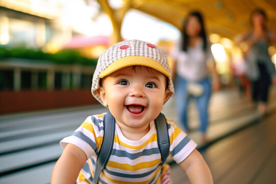 A one-year-old boy with chubby cheeks plays on a toy car, smiling and his eyes are wide with excitement - ai generative