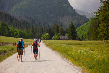 Bacówka w Dolinie Kościeliskiej. Turyści spacerujący pośród drzew w górach. 