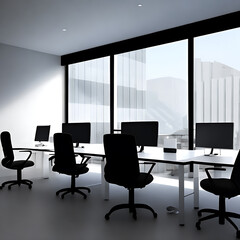 modern office with white walls, concrete floor, rows of computer tables and black chairs.