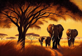 Awe-Inspiring Savanna Scene: Majestic Elephants and Golden Grass on Open Plains, generative AI