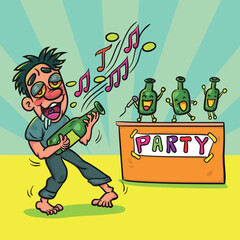 Cartoon drunk man with bottle singing and dancing in party. Illustration cartoon for background or postcard, poster, t shirt, ceramic mug, vector stock.  