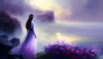 Printed kitchen splashbacks Lavender woman standing in a mountain landscape purple flowers dancing gracefully, Abstract, Elegant and Modern AI-generated illustration