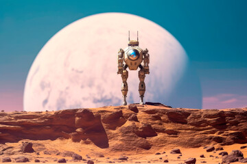 Robot android on Mars planet for collecting samples and establishing a base for human colonization. AI generated.