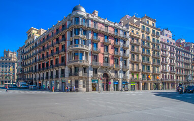 Street view with beautiful buildings in Barcelona city