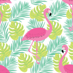 Seamless summer pattern with flamingo. Tropical trendy seamless pattern. Design for fabric, wallpaper, textile and decor.