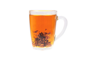 Black tea in a transparent glass cup. Shooted in motion. Cup isolated on a white background.