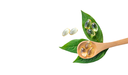 Oil capsules supplements isolate on white background. Selective focus.