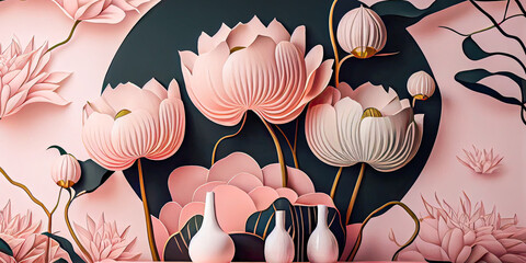 Retro Style wallpaper with Chinese lotus flowers with living room, Hobbies and leisure concept, generative ai