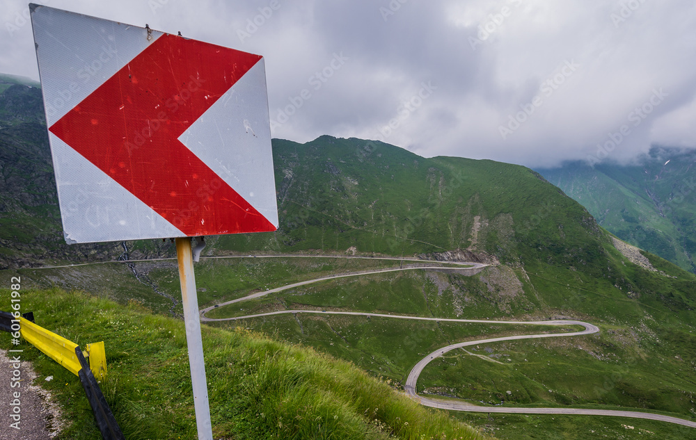 Canvas Prints Bend sign on Transfagarasan Road in Carpathian Mountains in Romania