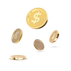 Isolate of golden coins in different angles on white background for business investment and currency exchange forex concept by 3d render vector illustration.