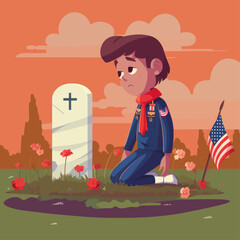 Obraz na płótnie Canvas А child is sad at the grave of a military man on Memorial Day. Vector illustration.
