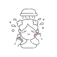 Washing Hair in Shower Thin Icon. Vector Outline Editable Woman's Hair Care, Shampooing and Bath Shower Routine Illustration.