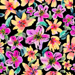 Watercolor flowers. Seamless floral pattern with bright colorful flowers and leaves. Elegant template for fashion prints. Watercolor drawing. Ornament for clothes, accessories, textiles and interior