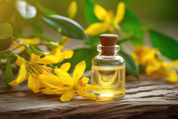 Fragrant Ylang Ylang essential oil in a tiny transparent glass bottle on a wooden table beside yellow fresh Ylang Ylang flowers also known as Cananga odorata in full bloom. Generative AI. - obrazy, fototapety, plakaty