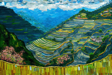 A stunning generative ai illustration of the Bali rice terraces, featuring the lush green fields, cascading levels, and tropical landscape of this iconic destination