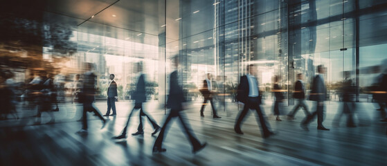 Blurred business man walk fast movement in modern office with business people meeting on table background, Generative AI