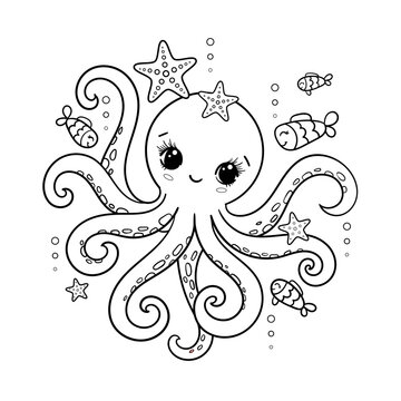 Cute cartoon octopus with fish. Black and white linear drawing. For children's design of coloring books, prints, posters, cards, stickers, puzzles and so on. Vector