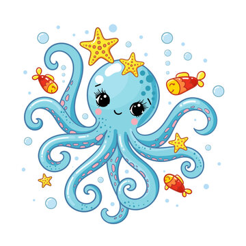 Cute cartoon blue octopus with fish and starfish. Children's illustration. Marine theme. For children's design of prints, posters, cards, puzzles, educational materials. Vector