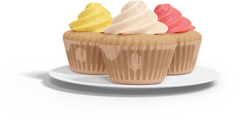 3D Render Three Cupcakes On Plate