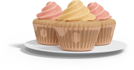 3D Render Three Cupcakes On Plate