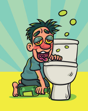 Naklejki Drunk man sitting in toilet. Illustration cartoon for background or postcard, poster, t shirt, ceramic mug, vector stock.  