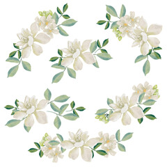 Fototapeta na wymiar watercolor white thai flower gardenia and orange jasmine bouquet wreath frame collection