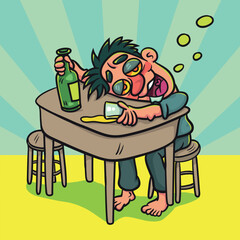 Drunk man sitting on a chair. Illustration cartoon for background or postcard, poster, t shirt, ceramic mug, vector stock.  