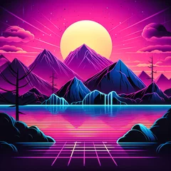 Fototapete Rund Illustrated cyberpunk summer sunset, purple bright vivid colors of night landscapes. Illustration, Generative AI. © Ljuba3dArt