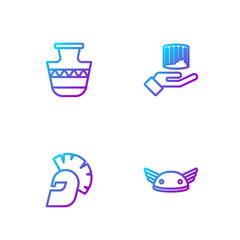 Set line Helmet with wings, Greek helmet, Ancient amphorae and column. Gradient color icons. Vector