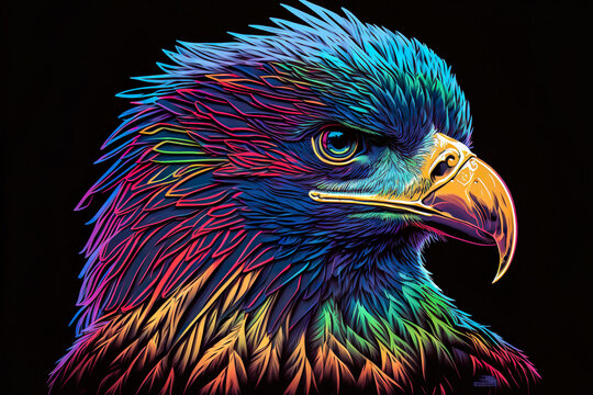 Colorful Eagle Head In Neon Colors On Black Background - Generative AI