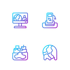 Set line Global warming, Wrecked oil tanker ship, Weather forecast and Petrol gas station. Gradient color icons. Vector