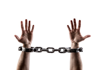 Shackled hands isolated on white background with clipping path