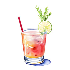 Watercolor illustration of summer drink with straw and lemon in glass isolated on white background