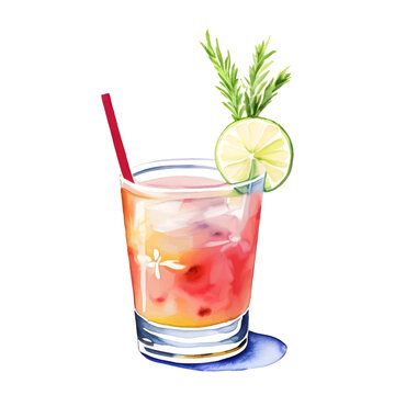 Watercolor illustration of summer drink with straw and lemon in glass isolated on white background