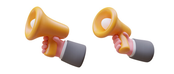 Man hand holds yellow horn speaker. Set of volumetric icons. 3D symbols of important notifications, major updates, promotions, discounts. Images for designing booklets, websites, flyers, posters