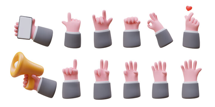 Large set of gesture 3D icons. Advertising, counting and non verbal communication with hands. Finger symbols for social networks. Clipart for posters, sites, applications. Collection in cartoon style