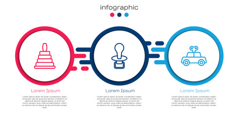 Set line Pyramid toy, Baby dummy pacifier and Toy car. Business infographic template. Vector