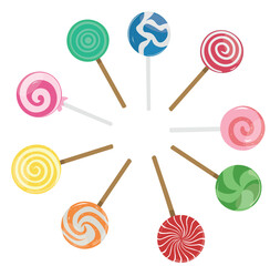 Lollipop candy vector illustration set with various spiral and ray patterns. Sweet colorful lollipop candy on stick. Cartoon style. Flat vector isolated on white background. 