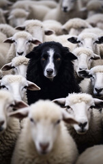 A black sheepdog emerges from the center of a flock of sheep - ai generative