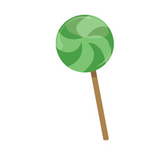Lollipop candy vector illustration with various spiral and ray patterns. Sweet colorful lollipop candy on stick. Cartoon style. Flat vector isolated on white background. Mint taste. Green candy.
