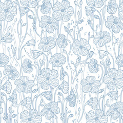 Blue Line  Flowers on White Background Vector Pattern