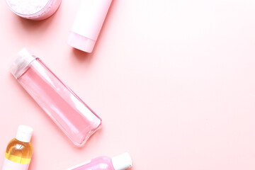 Flat lay beauty on a pink background. Glamor cosmetics. spa bottle mockup