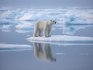 Plakat A powerful image of a polar bear stranded on a shrinking ice cap, highlighting the devastating impact of climate change on wildlife. generative ai