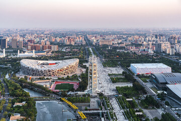 Fototapeta premium Beijing Bird's Nest Water Cube evening sunset panorama